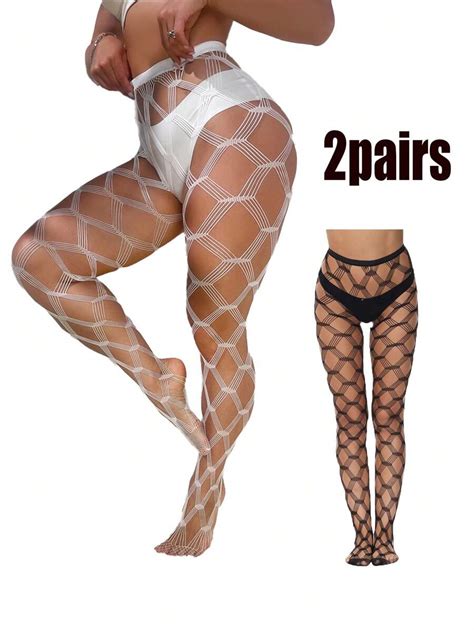 2 Pairs Black White Large Mesh Hollow Out Fishnet Stockings Thin