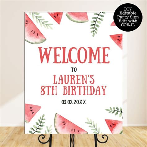 Editable Watermelon Welcome Sign BBQ Party Welcome Signs Printable