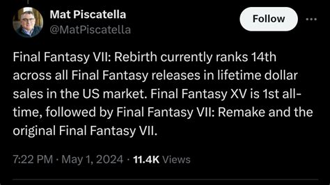 [Mat Piscatella] Final Fantasy VII: Rebirth release sales compared to ...