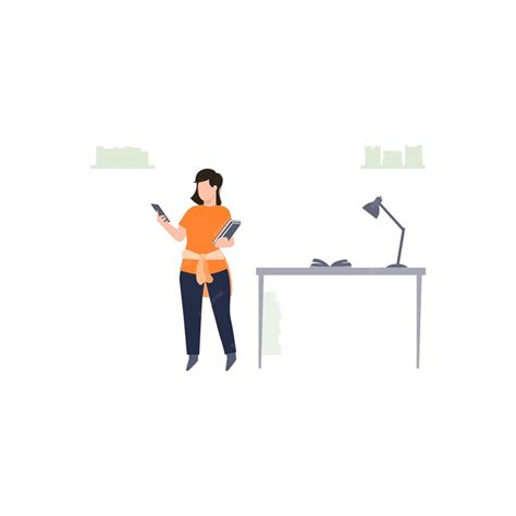 Premium Vector A Woman Standing In Front Of A Desk With A Lamp And A