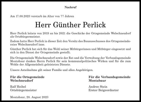 Traueranzeigen von Günther Perlick rz trauer de