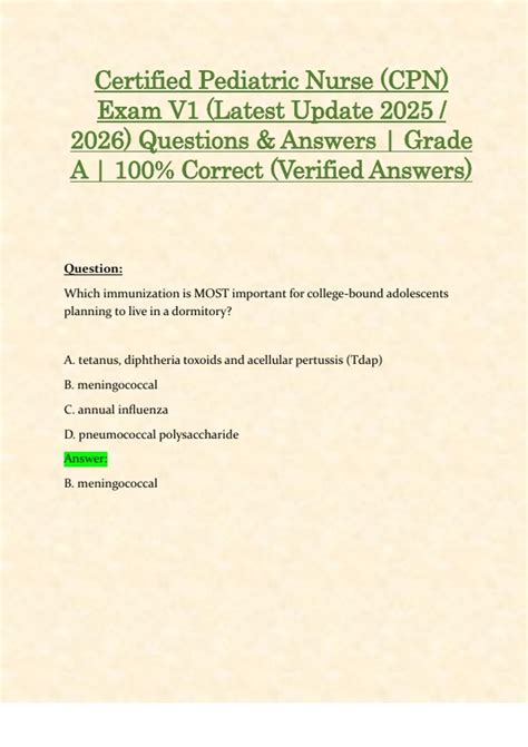 Certified Pediatric Nurse (CPN) Exam V1 (Latest Update 2025 / 2026