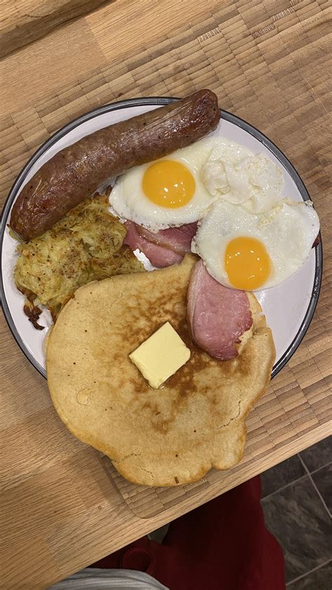 [homemade] Pancake Sausage Bacon Hash Browns And Sunny Side Up Eggs R Food