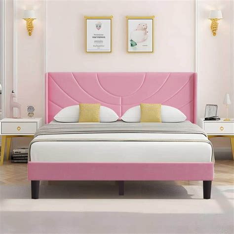 VECELO Upholstered Bed Pink Metal Frame Full Platform Bed with ...