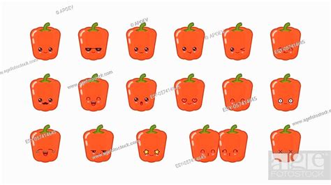 Red Bell Pepper Cute Kawaii Mascot Set Kawaii Food Faces Expressions