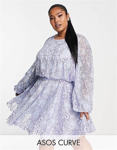 Asos Edition Curve Waisted Blouson Sleeve Floral Embellished Mini Dress In Lilac Asos