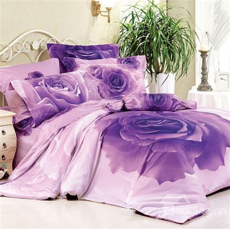 Luxurious Purple Rose Print 4 Piece Bedding Sets Cottonbeddingsets