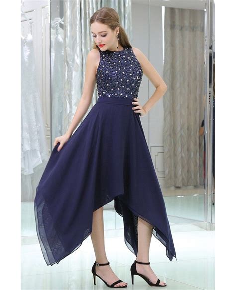 Navy Blue High Low Chiffon Prom Party Dress With Beaded Lace Bodice