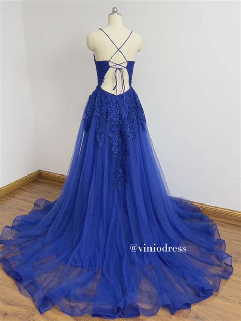 Spaghetti Strap Royal Blue Prom Dresses Lace Appliqued Tulle Formal Dr