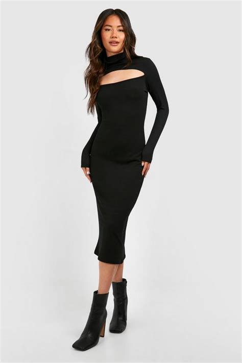 Compact Rib Roll Neck Cut Out Midi Dress Boohoo Uk