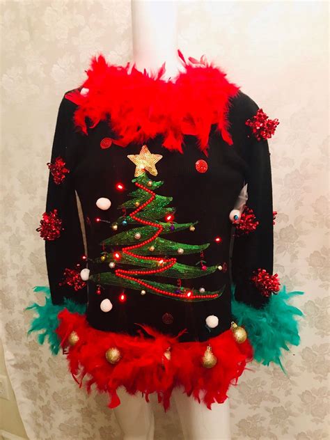 Ugly Tacky Christmas Sweater Christmas Tree With Lights And Boas