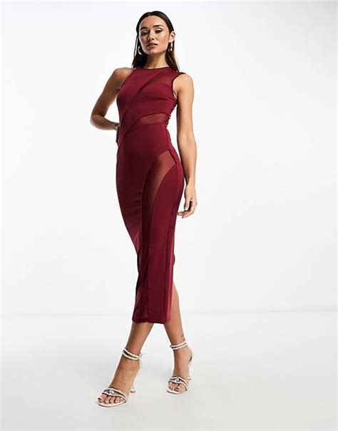 Asos Design Asymmetric Cut Out Mesh Midi Dress In Red Asos