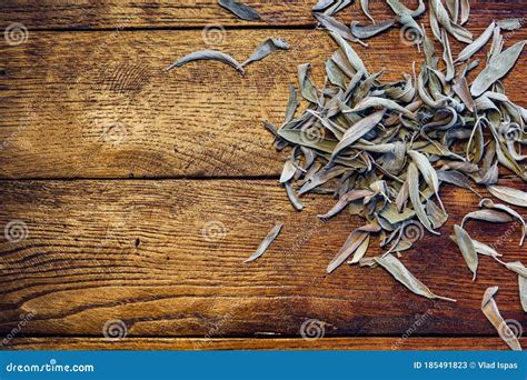 Dry Leaves Of Sage Salvia On A Wooden Board Stock Image Image Of