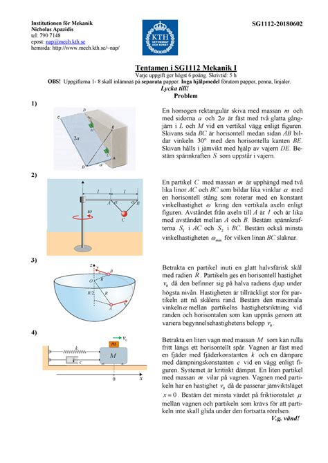 Tentamen Institutionen F R Mekanik Nicholas Apazidis Tel