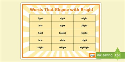 Words That Rhyme With Bright Word Mat Professor Feito