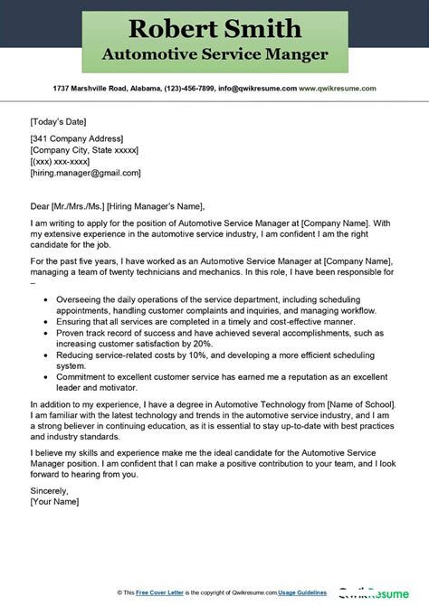 Automotive Service Manager Cover Letter Examples QwikResume