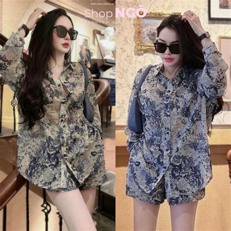 Set bộ đồ nữ chất voan cao cấp hoạ tiết loang hoa áo sơ mi quần đùi siêu sang mịn mẫu mới hot