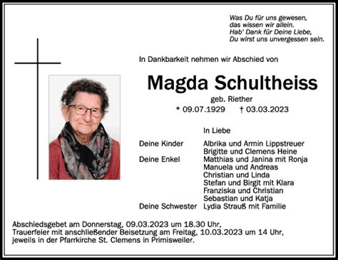 Traueranzeigen Von Magda Schultheiss Schwaebische De Trauerportal