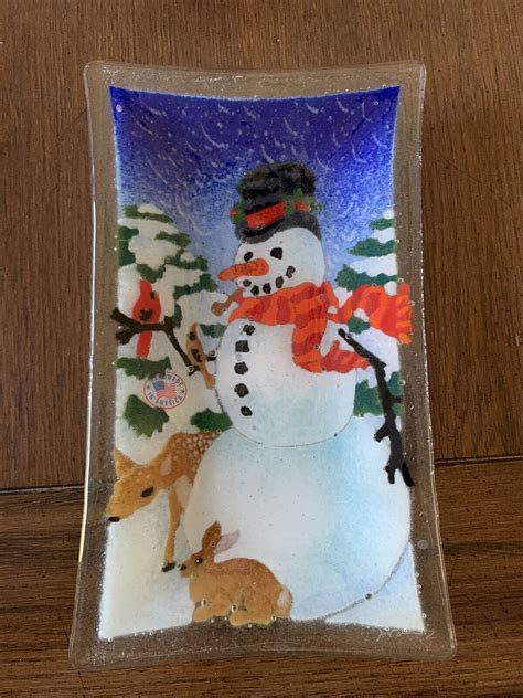 Peggy Karr Snowman Christmas Fused Art Glass Plate Tray Deer Cardinals