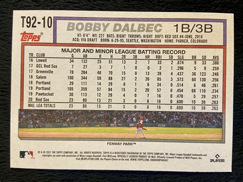 2021 Topps Update Bobby Dalbec 1992 Redux Rookie Card Insert T92 10 RC