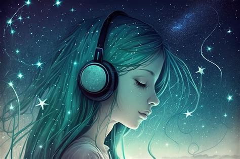 Premium Ai Image Cute Girl With Headphones Listens Music Portrait Of Teenager Illustration