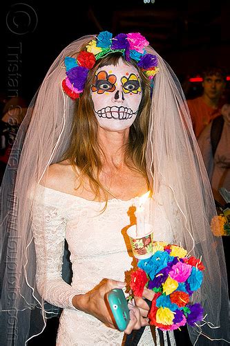 Dead Bride Sugar Skull Makeup And Rainbow Color Flowers