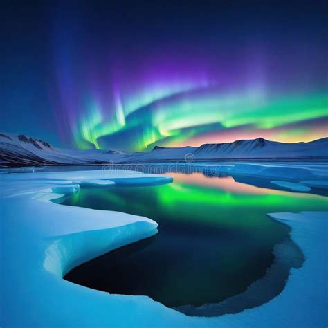 Paisagem Da Tundra De Inverno Lago Frio E Luzes Polares Arte