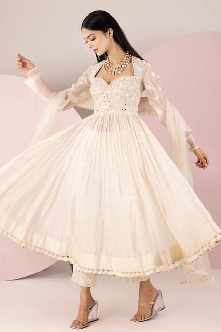 Buy White Mukesh Chanderi Silk Embroidery Floral Bodice Anarkali Set