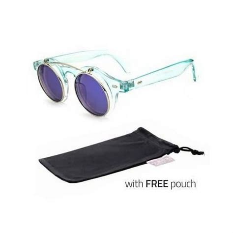 Cool Flip Up Lens Steampunk Vintage Retro Round Sunglasses Light Blue Pouch