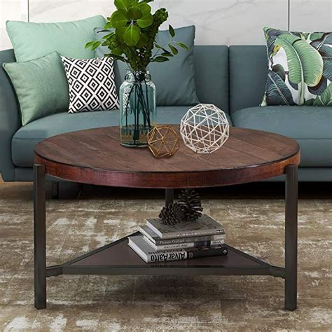 Rustic Farmhouse Round Metal Coffee Accent Table Living Room 30 Inch Brown Reclaimed Barnwood