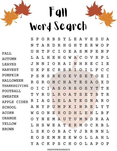 The Fall Word Search Is Shown With Leaves