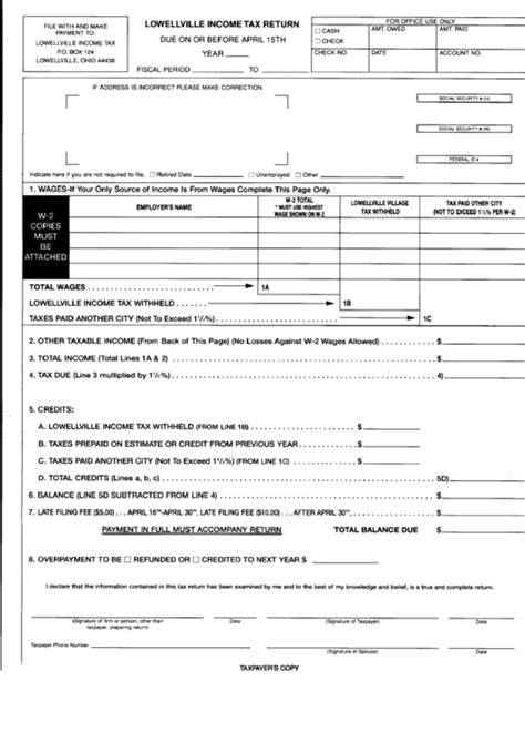 Lowellville Income Tax Return Form State Of Ohio Printable Pdf Download