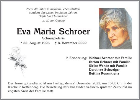 Traueranzeigen Von Eva Maria Schroer Augsburger Allgemeine Zeitung