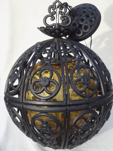 60s Vintage Globe Pendant Light Retro Amber Glass Gothic Spanish Iron