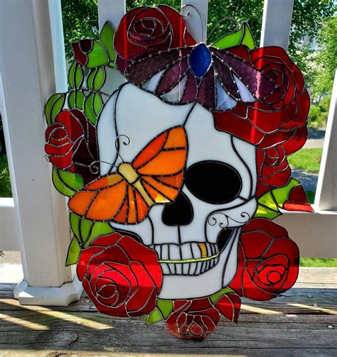 Stained Glass Sugar Skull Suncatcher Panel Gothic Decor Etsy