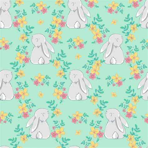 Premium Vector Seamless Pattern With Rabbit And Flowers