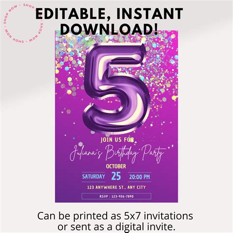 5th Birthday Party Invitation Custom Personalized Instant Download Printable Or Send As An