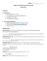 English Spring Final Exam Study Guide Completed Docx Name English