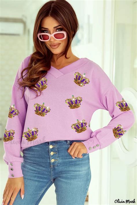 Olivia Mark Elegant V Neck Pullover With Purple Sequin Crown