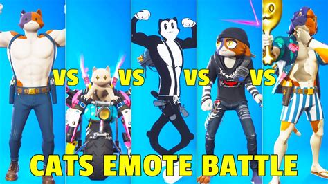 All Cats Emote Battle In Fortnite Purradise Meowscles Kit Meowscles Meow Skulls Youtube