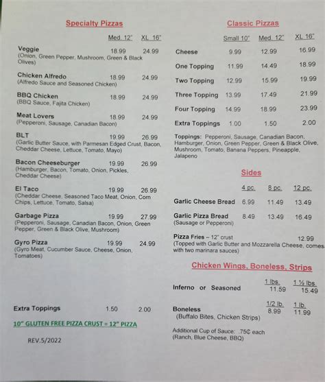 Linwood Country Store Pizza Menu