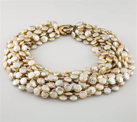 Cristina Ferrare Coin Pearl Multi Strand Bib Necklace 18 Karat Gold