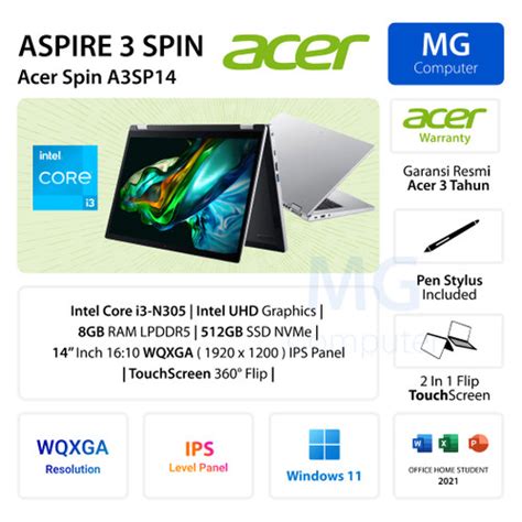 Jual ACER ASPIRE 3 SPIN A3SP14 Core I3 N305 RAM 8GB 512GB SSD