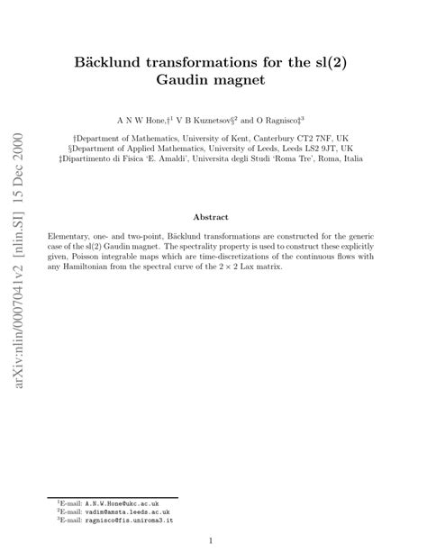 Pdf Backlund Transformations For The Sl Gaudin Magnet