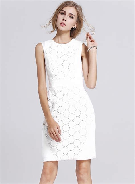 Womens Lace Round Neck Sleeveless White Bodycon Dress