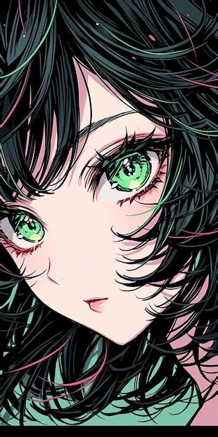 Premium AI Image | A drawing of a girl with green eyes and green eyes.