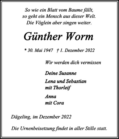 Traueranzeigen von Günther Worm sh z Trauer