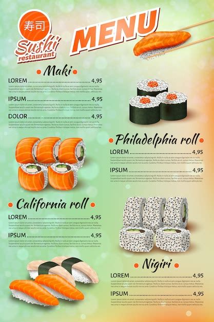 Menu Du Restaurant Japonais Sushi Liste De Prix Des Rouleaux