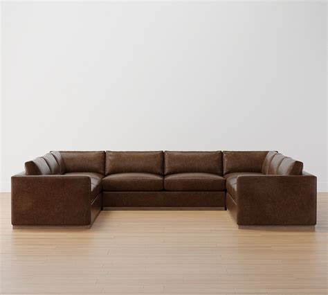 Carmel Square Slim Arm Leather U Shaped Sectional With Wood Base