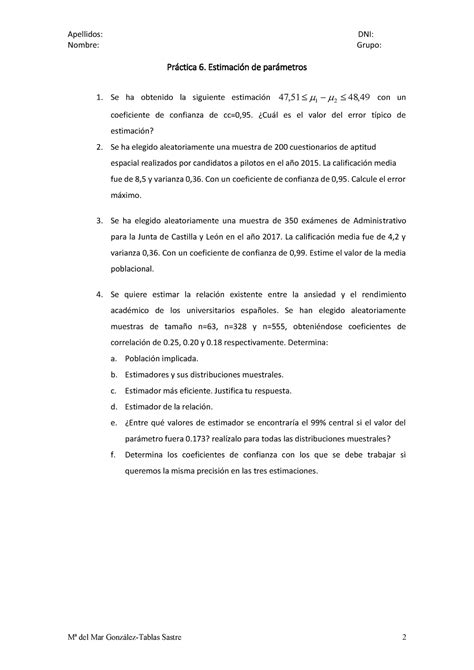 Práctica 6 Y 7 Estimación De Parámetros Apellidos Nombre Dni